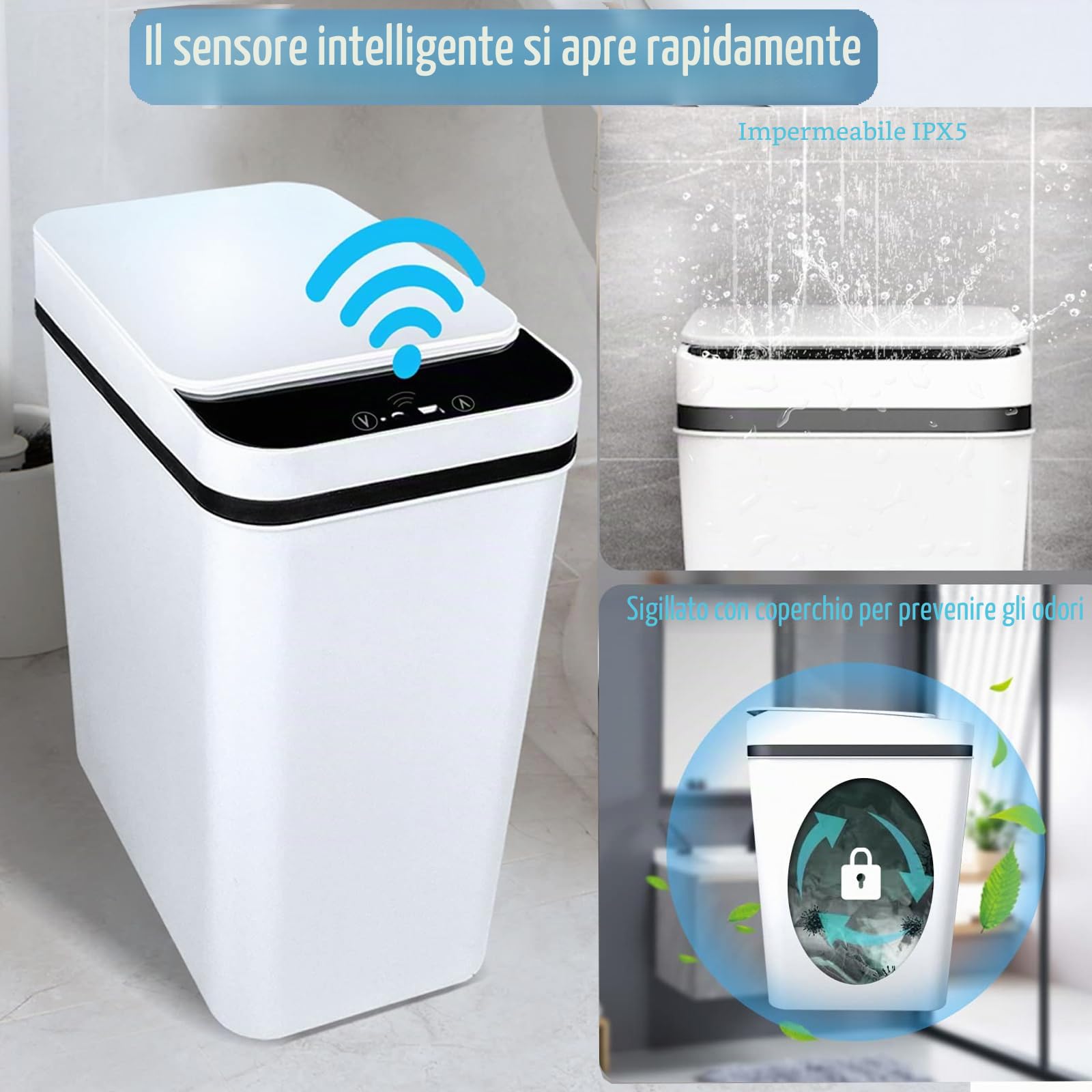 Cestino con Sensore di Movimento 12L Bidone Automatico per Bagno | Slim in Plastica con Coperchio, Cestino Intelligente Impermeabile per Camera Letto Toilette Cucina Ufficio