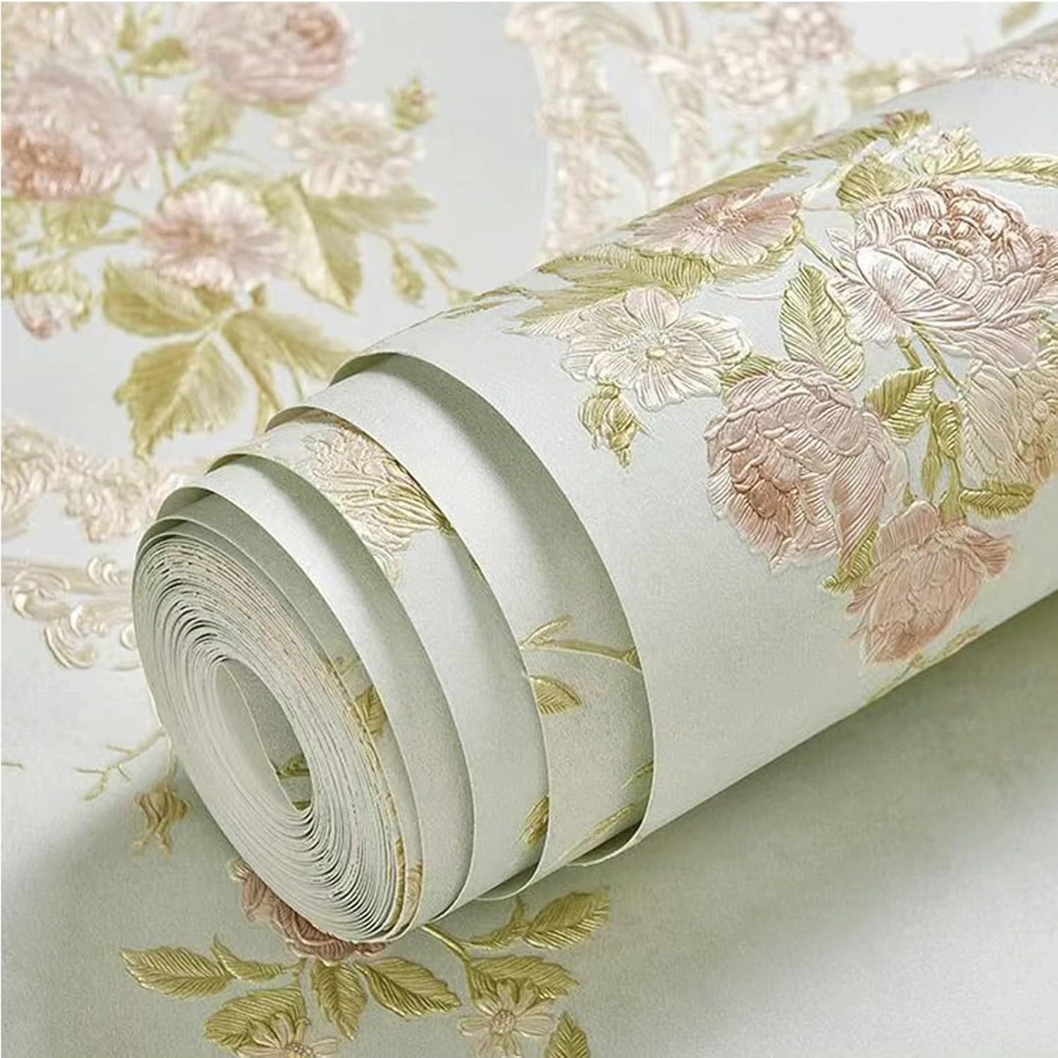 Peel-and-Stick Floral Damask Texture Mirror-Effect Wallpaper Ideal for Living Room and Bedroom Wall Decoration(Light Green,A)