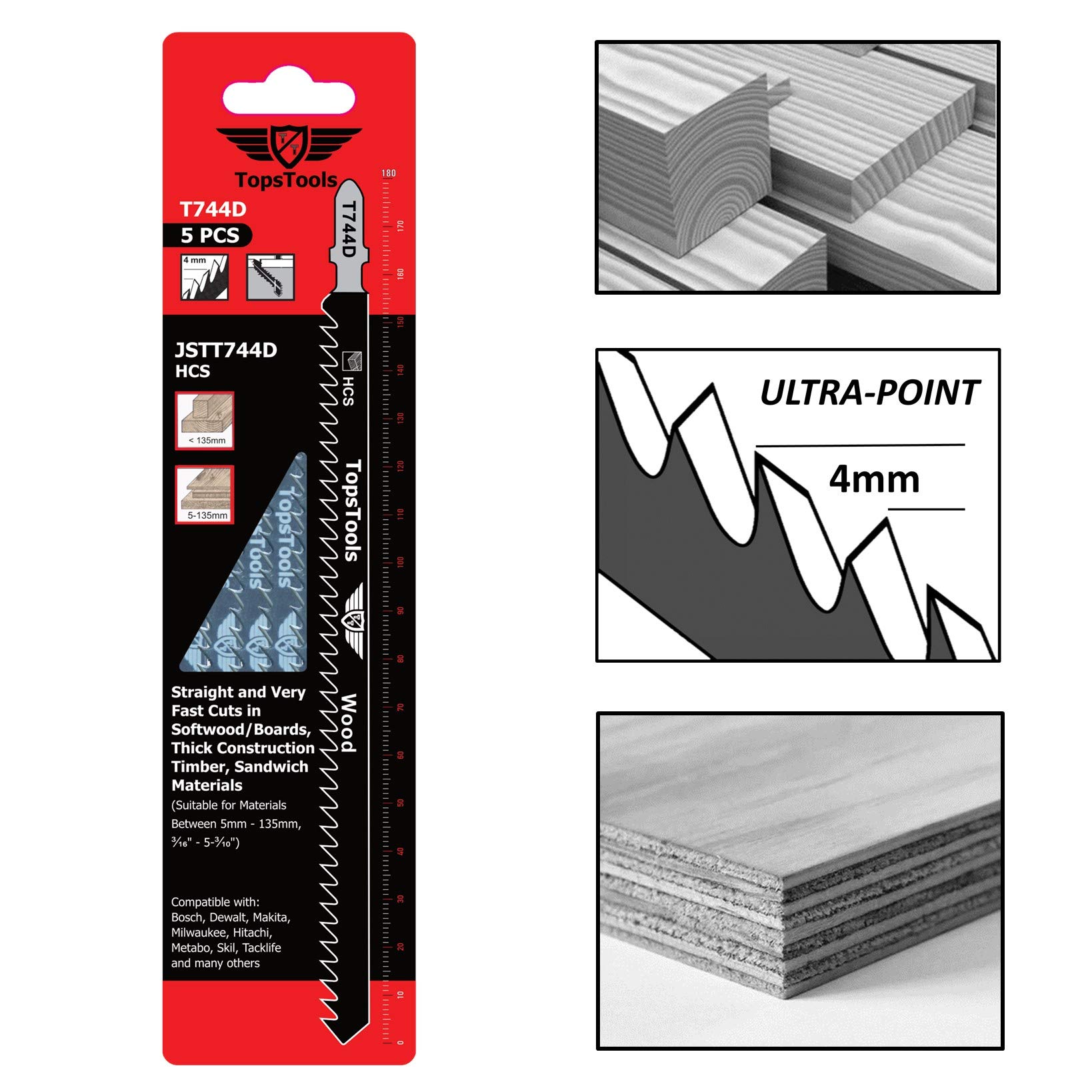 TopsTools 10 Lame Per Seghetto Alternativo T744D 180mm – Taglio Veloce Nel Legno, Gambo T Universale Per Bosch, Dewalt, Makita E Altri