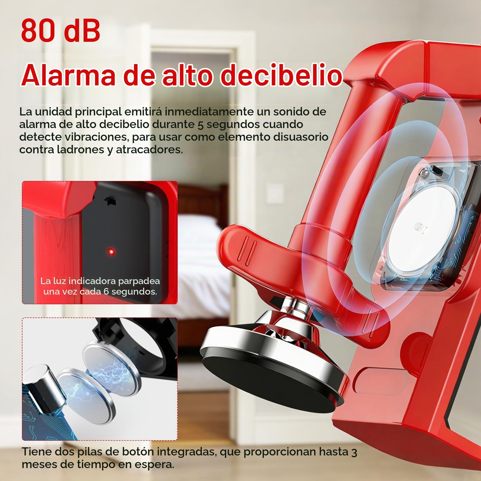 2 Piezas Topes de Puerta con Alarma, Tope de Puerta Ajustable con Alarma de 80 dB para Puerta Trampa, Cierre de Puerta Portátil para Seguridad del Hogar Hotel Viajes y Protección Personal