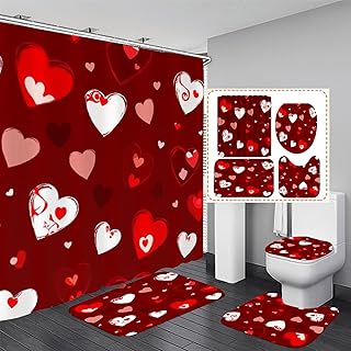4 Pcs Red Heart Shower Curtain Sets with Rugs, Waterproof Bathroom Sets with Shower Curtain and Rugs, Love Print Shower Curtain Set with 12 Hooks - Buy now
