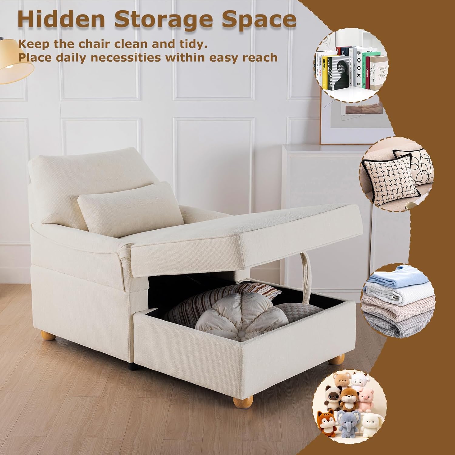 Chaise Lounge Chair Indoor with Adjustable Backrest, Oversized Deep Seat Reading Arm Chair with Storage, Comfy Chenille Chaise Lounge Recliner for Living Room, Home Theater, Bedroom, Beige