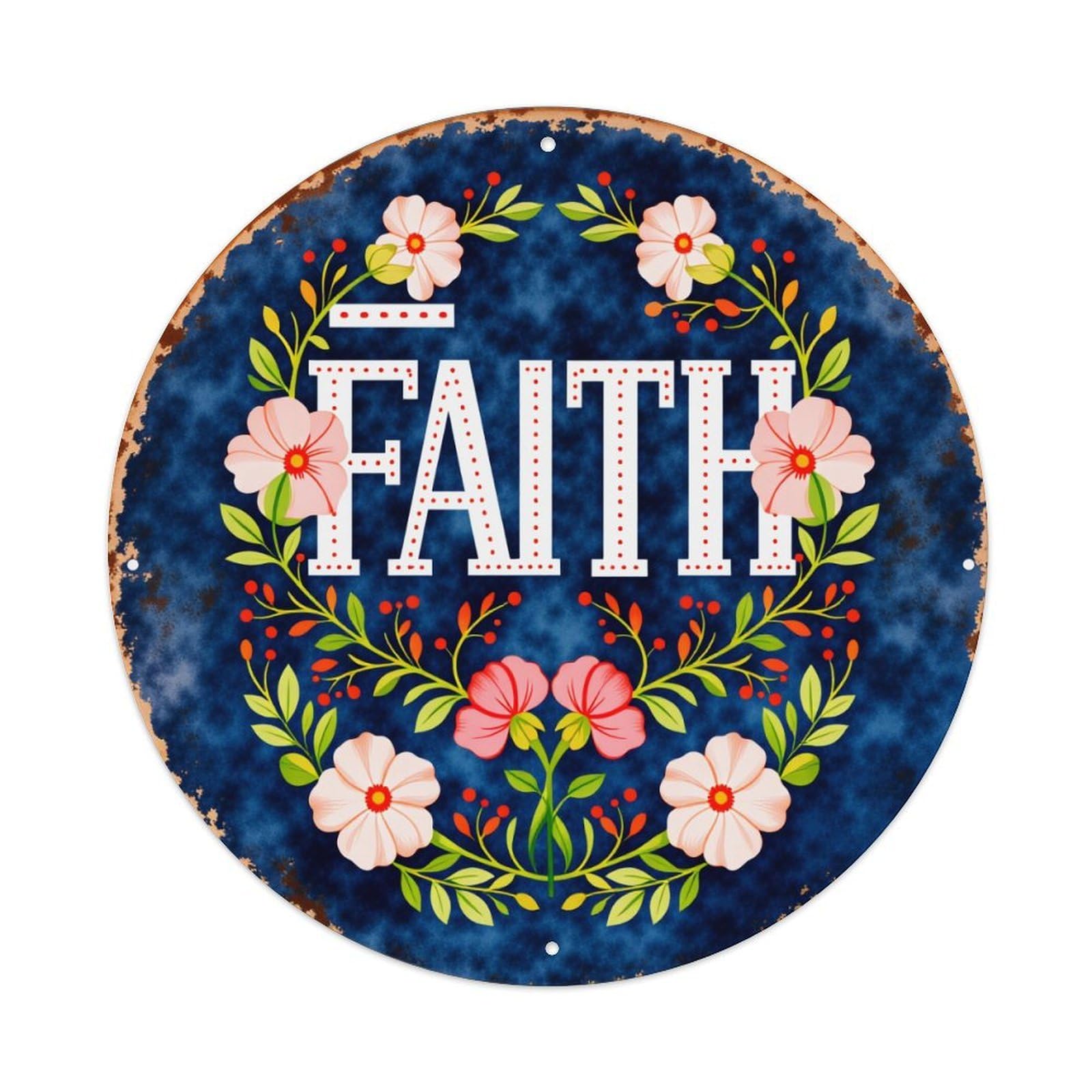 Faith Floral Wreath Blue Background Decorative Pattern Round Vintage Tin Sign,Retro Wall Art,Metal Poster for Home, Bar, Garage, Cafe, Rustic Indoor & Outdoor Decor, 8x8 Inches