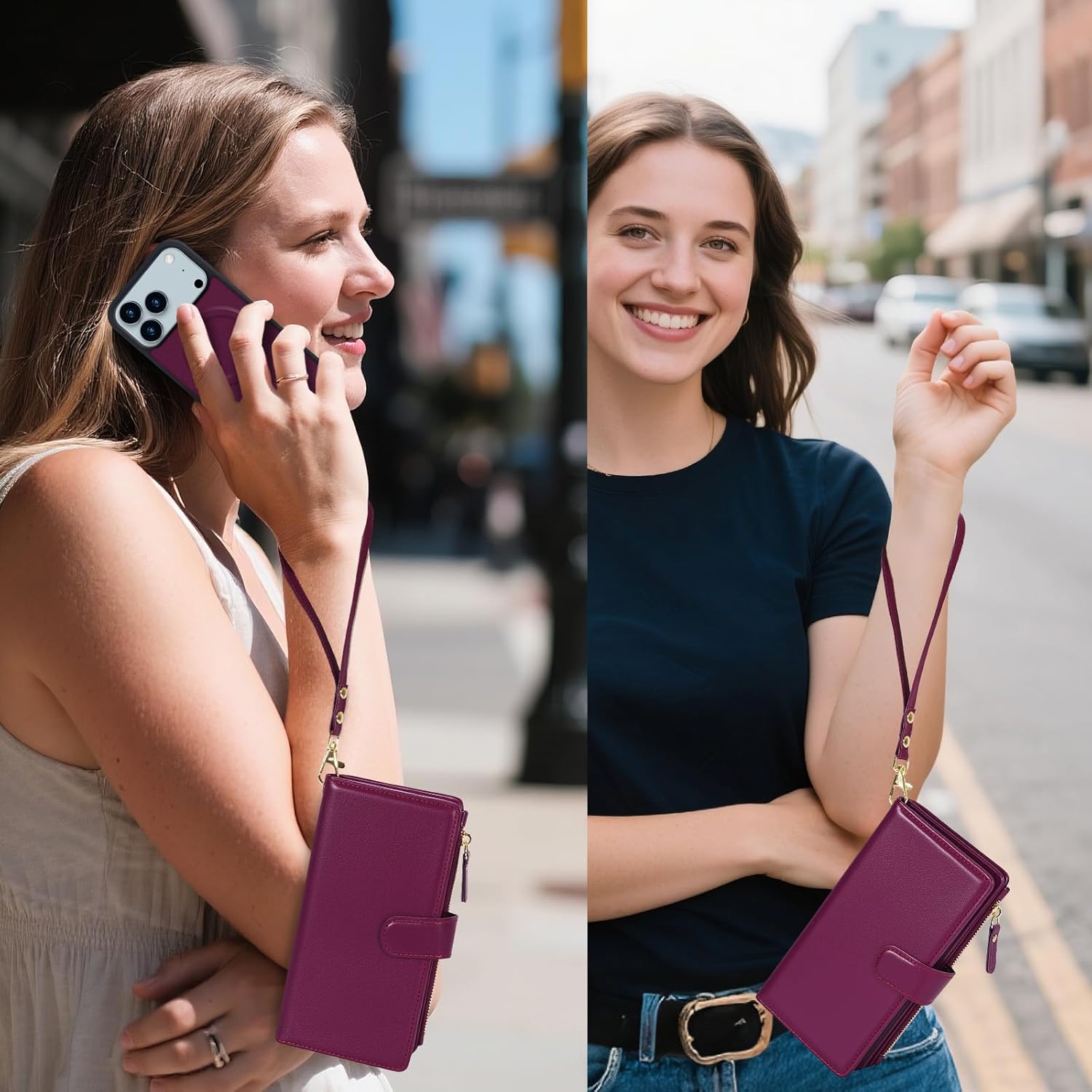Magnetic Case for iPhone 17 Pro Wallet Compatible with Magsafe RFID Blocking Card Holder Detachable Phone Cover Kickstand Snap Strap Zipper Pocket PU Leather 6.3 inch (Burgundy)