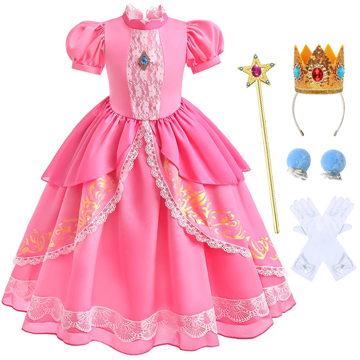 Snyemio Disfraz Princesa Peach Niña Vestido Rosa con Accesorios Difraces para Carnaval Halloween Cumpleaños Navidad