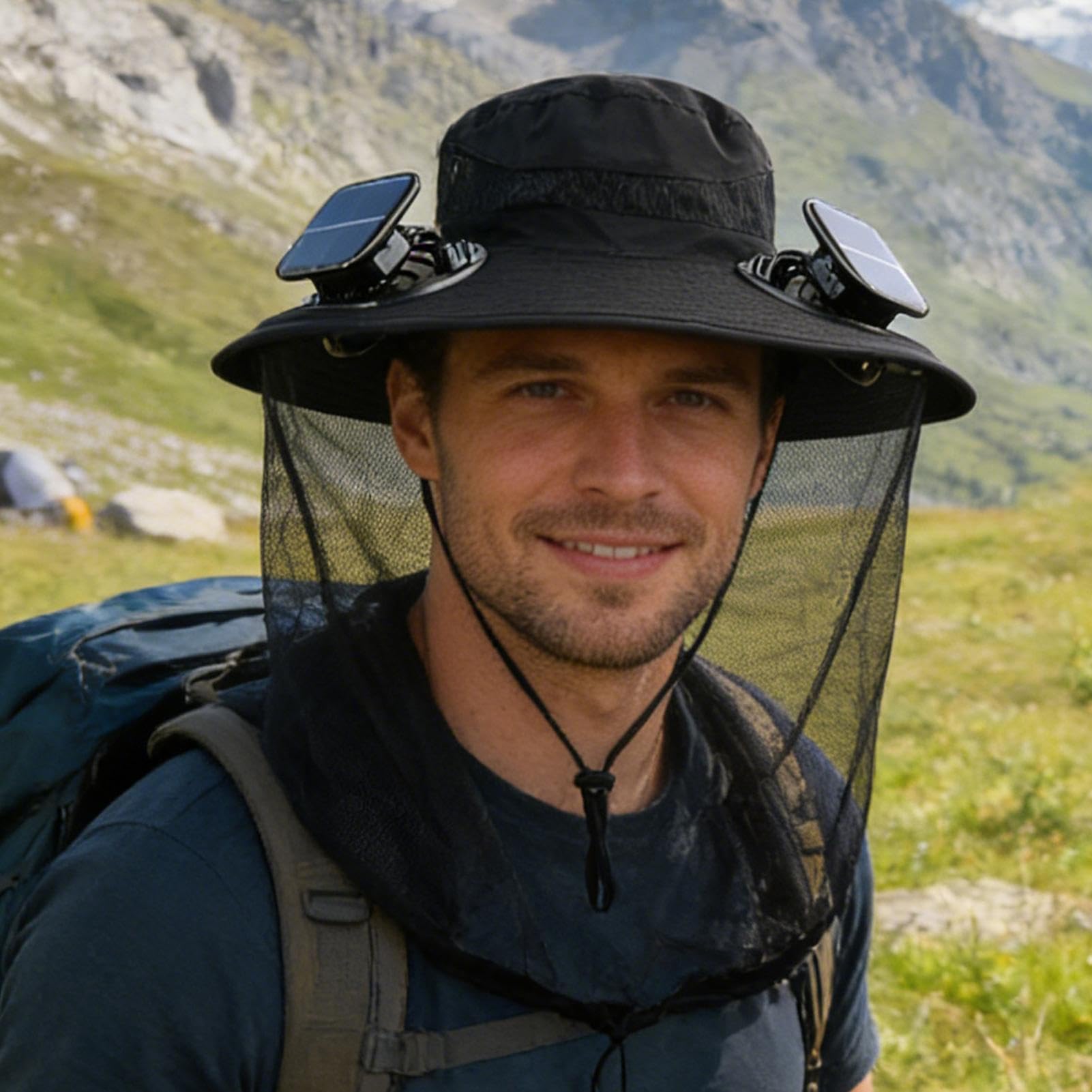 Hut mit breiter Krempe mit Solarventilator, atmungsaktive Kopfbedeckung UPF50+ mit Netz | Sonnenhut mit breiter Krempe - für Outdoor-Aktivitäten Herren Damen Wandern Camping Strand Reisen Geburtstag
