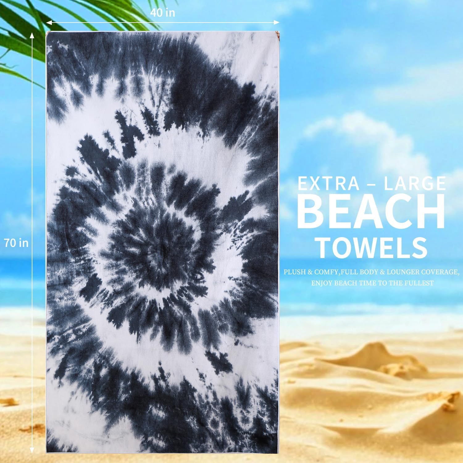 Jessy Home 4 Pack Large Beach Towel Set,40"X70" Oversized Tie-Dye Beach Towels,Sand Free,Soft & Quick Dry Absorbent,Multi-Color Towel for Beach Travel Swim & Stylish Cover Up-Black White