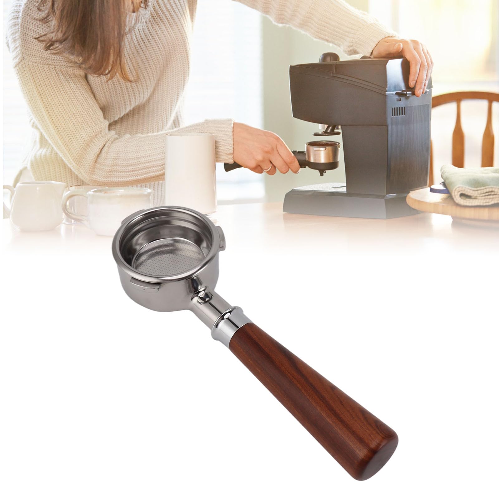 Portafiltro de 58 mm sin fondo, portafiltros de diseño de 3 orejas con mango de madera maciza para cafeteras (Redwood en estilo A1)