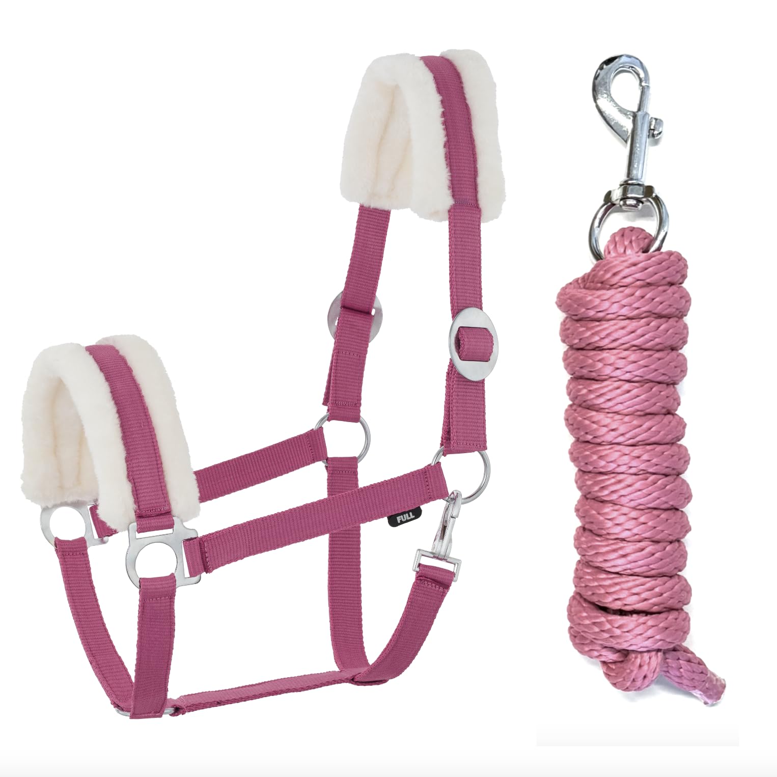 JA Horse Faux Fur Halter Lead Rope Set with Snap Hook Adjustable Horse Halter Horse Wooden Horse Tie Rope (Faux Fur Snap Hook Pink, Cob)