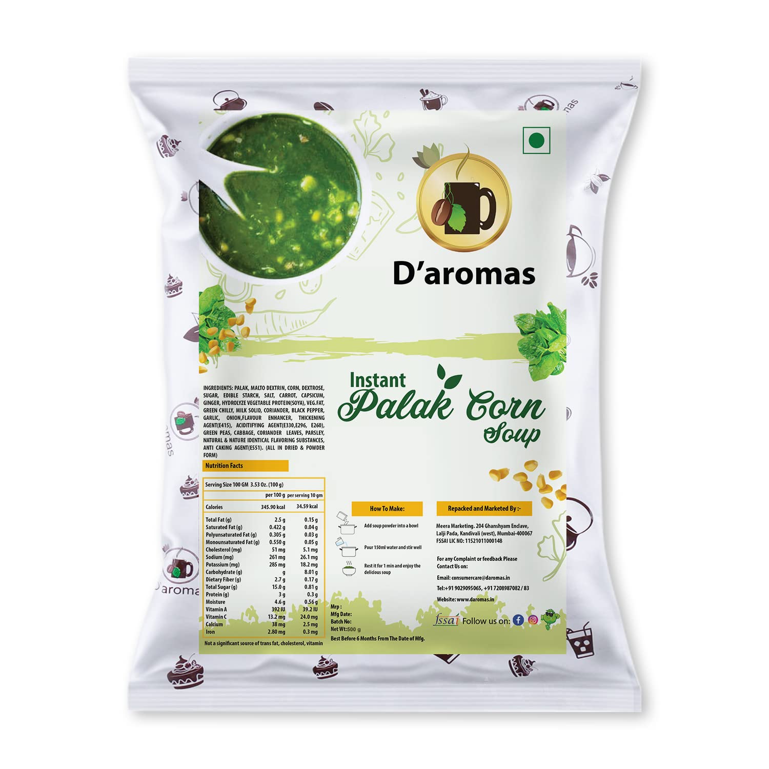 D'aromas Instant Palak Corn Soup 500g, Instant Premix Mix Powder|Ready To Cook| No Artificial Flavour & Colour|Healthy Soup