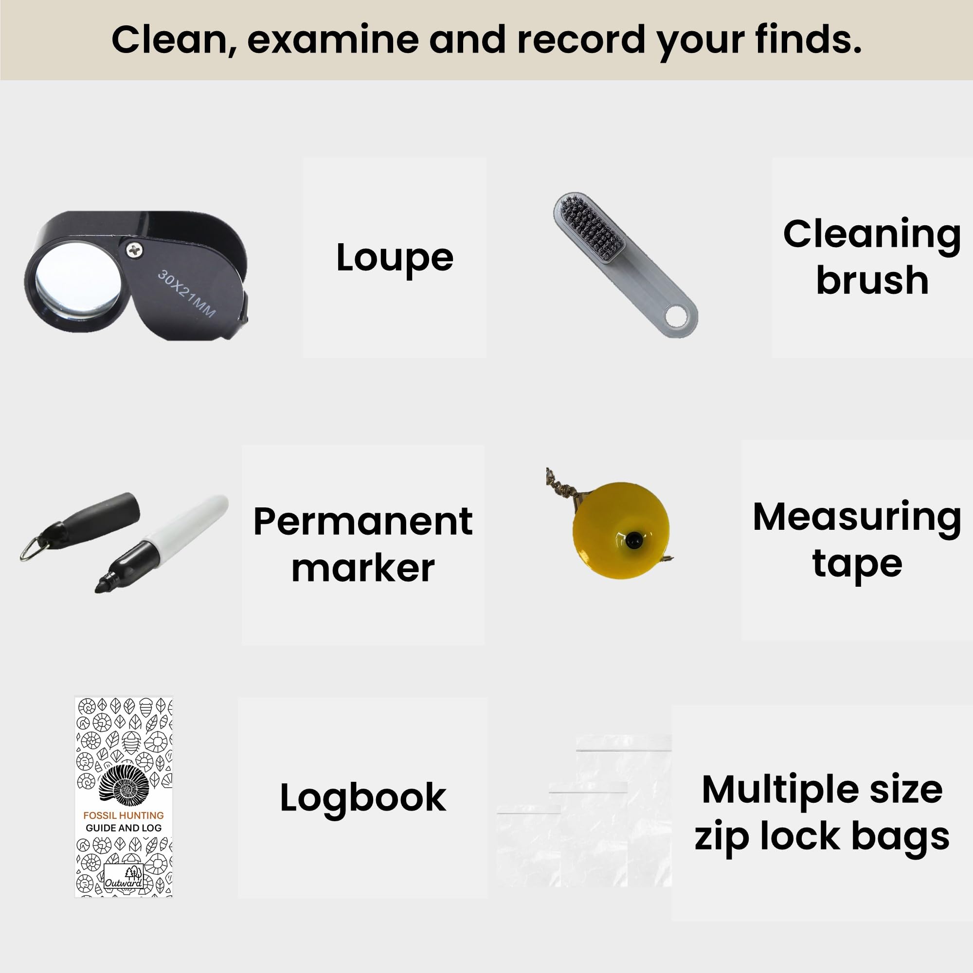 Outward Kit da caccia Geology Fossil da 14 pezzi, con borsa per il trasporto, per caccia e raccolta delle rocce, adatto per professionisti o principianti, bambini o adulti, martello, scalpello e altro
