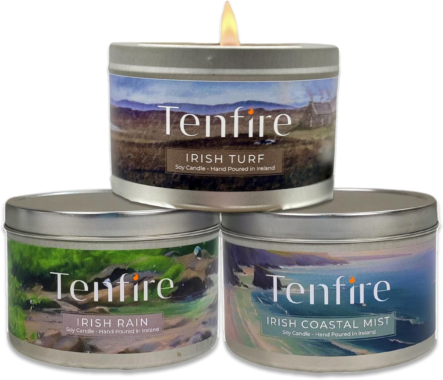 irish candles gift set of 3 – handpoured soy wax scented candles - irish turf, coastal mist & rain – 120h burning, soy candle for home scented, best gift for relaxation & home décor