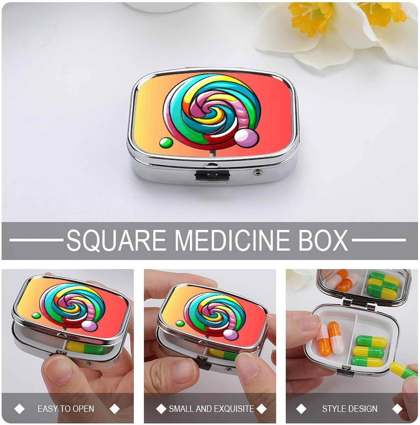 Lollipop Square Pill Box with 2 Compartment & Mirror image 4