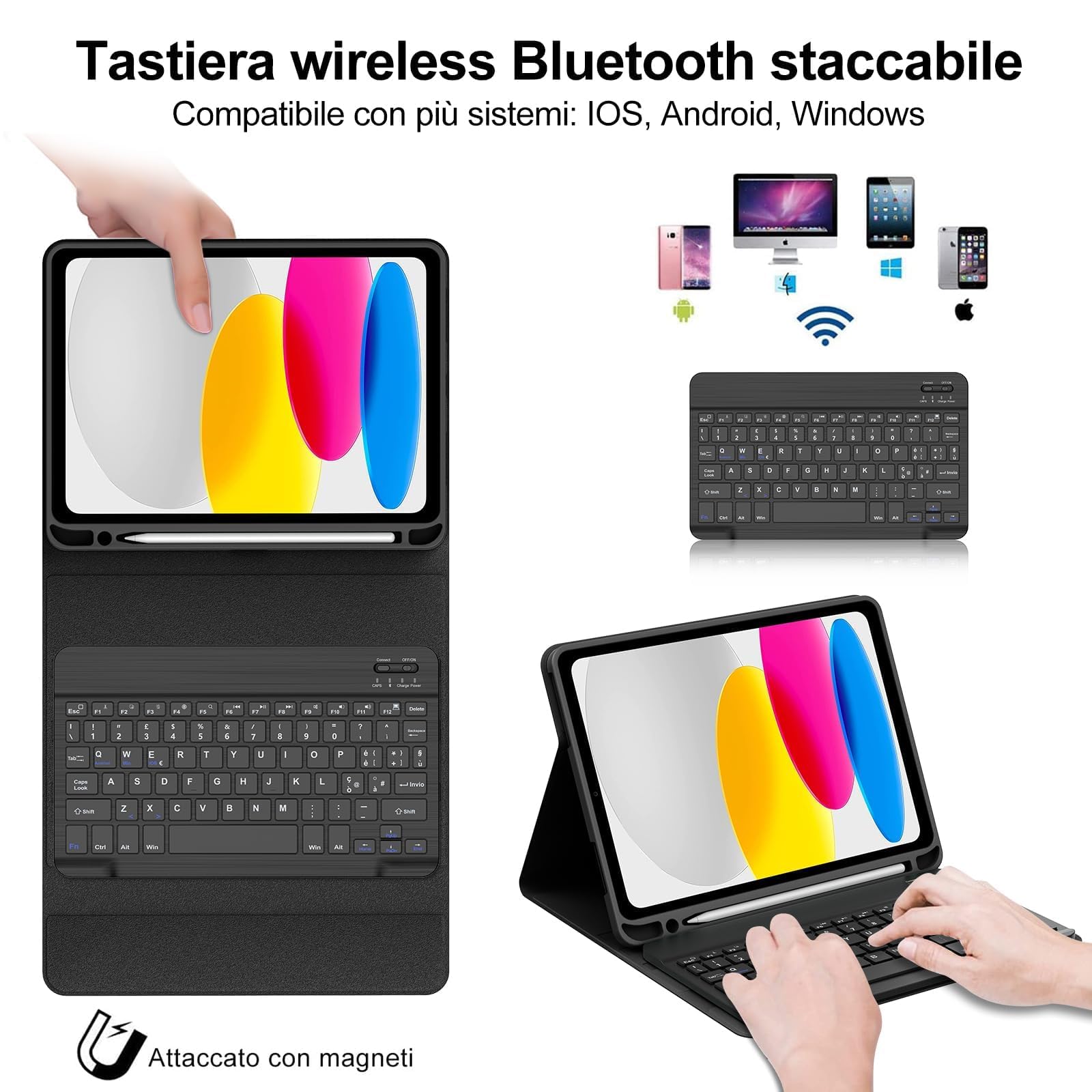 Cover con Tastiera per iPad 11 Gen 2025/10 Gen 2022, Italiano QWERTY, Senza Fili Staccabile Custodia con Portapenna, Nero