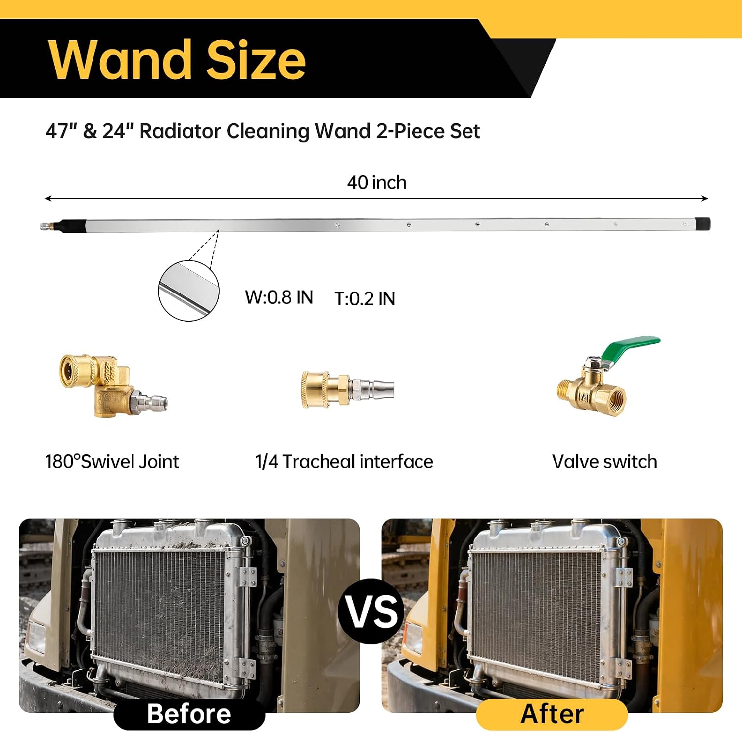 REALYOU 40" Radiator Cleaning Wand, 4500 PSI Radiator Cleaner Wand Water & Air Dual-Use, Radiator Cleaning Tool with 25° Fan Nozzle, Brush, Quick Coupler, Radiator Cleaner for Car, Truck, RV