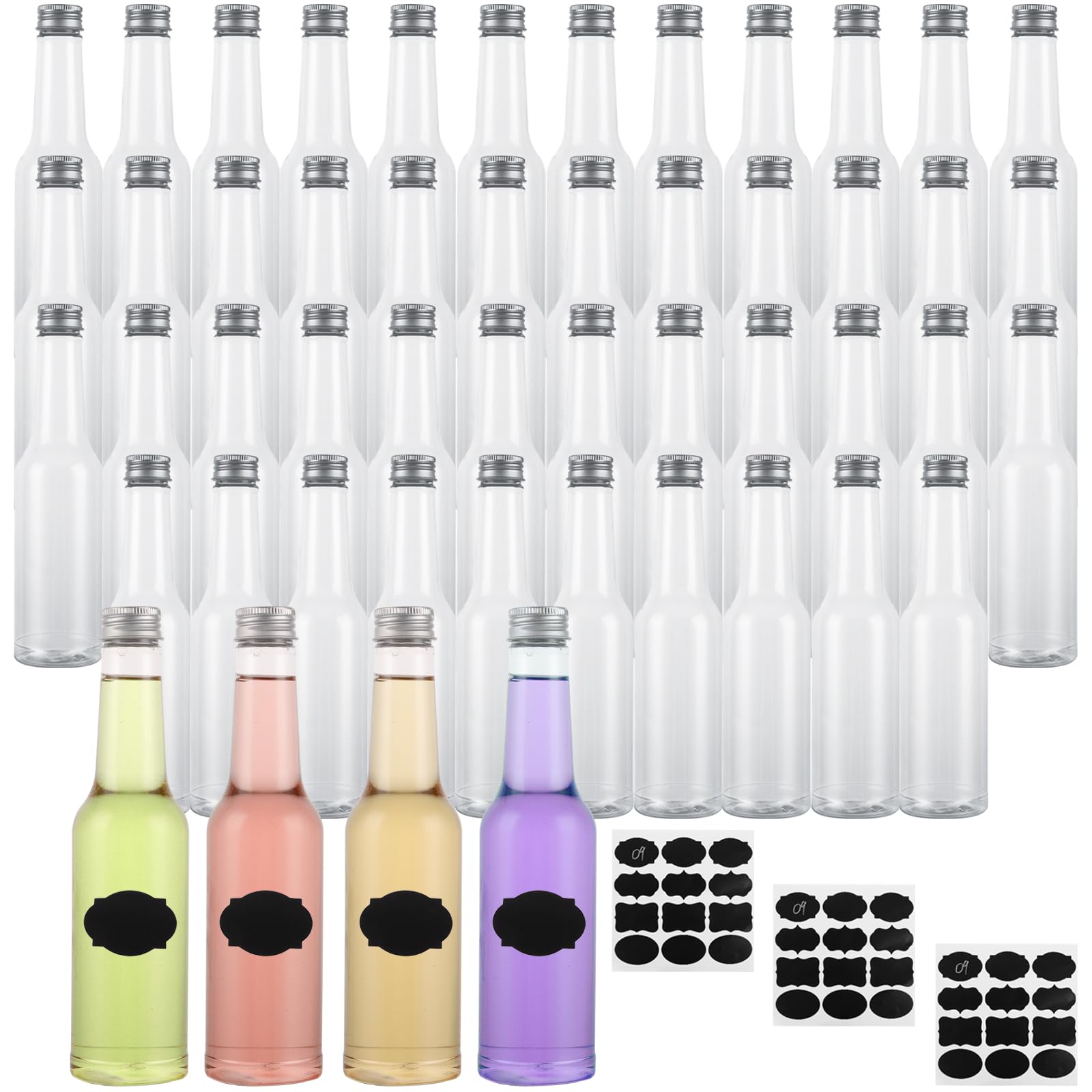 APACALI 24 mini bottiglie di liquore, 350 ml, piccole bottiglie da riempire con tappi a vite e 3 adesivi, bottiglie di liquore in plastica per riempire liquidi per matrimoni, feste
