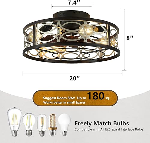 Miniatura 4 de Ventilador de techo enjaulado de 20 pulgadas con luz y control remoto, sin aspas, reversible de 6 velocidades con 4 bombillas y control remoto.