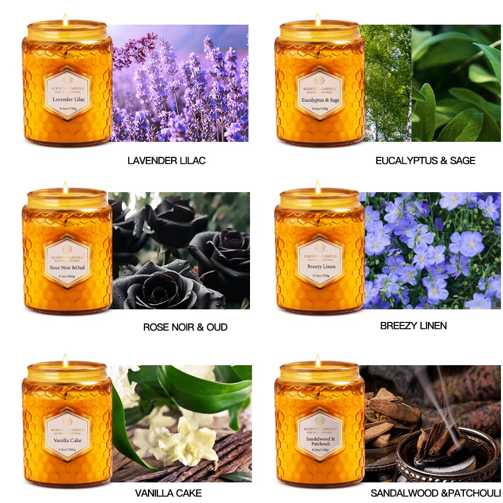 6 Pack Natural Soy Wax Jar Candles for Home, Scented Aromatherapy Gift Set for Women, 33 oz 240 Hour Long Lasting, for Birthday, Valentine's Day, Amber