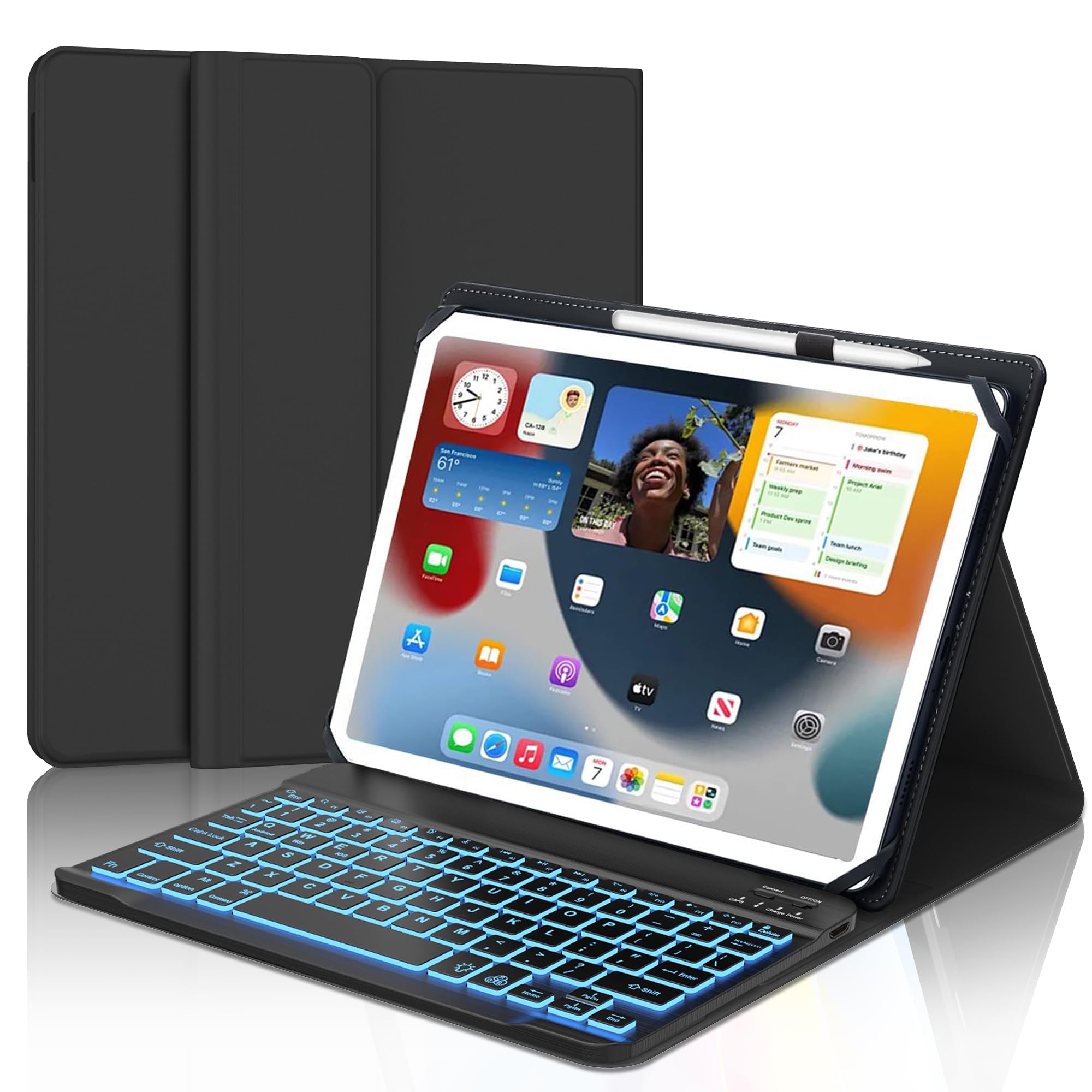 Funda universal con teclado para tabletas de 9, 9.7, 10.1, 10.2, 10.5, 10.5, 11.9 y 11 pulgadas, retroiluminado, teclado Bluetooth inalámbrico recargable, funda de piel tipo libro con soporte para