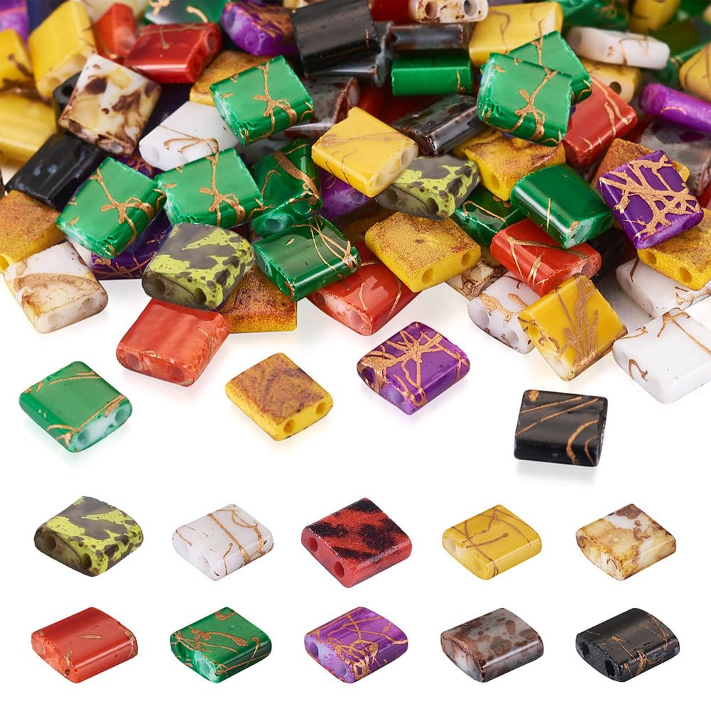 200Pcs Glass Seed Beads Rectangle Tila Beads 5mm 10 Colors 2 Hole Vintage Tile Square Loose Spacer Beads Charms Flat Back Cabochons for Jewelry Making