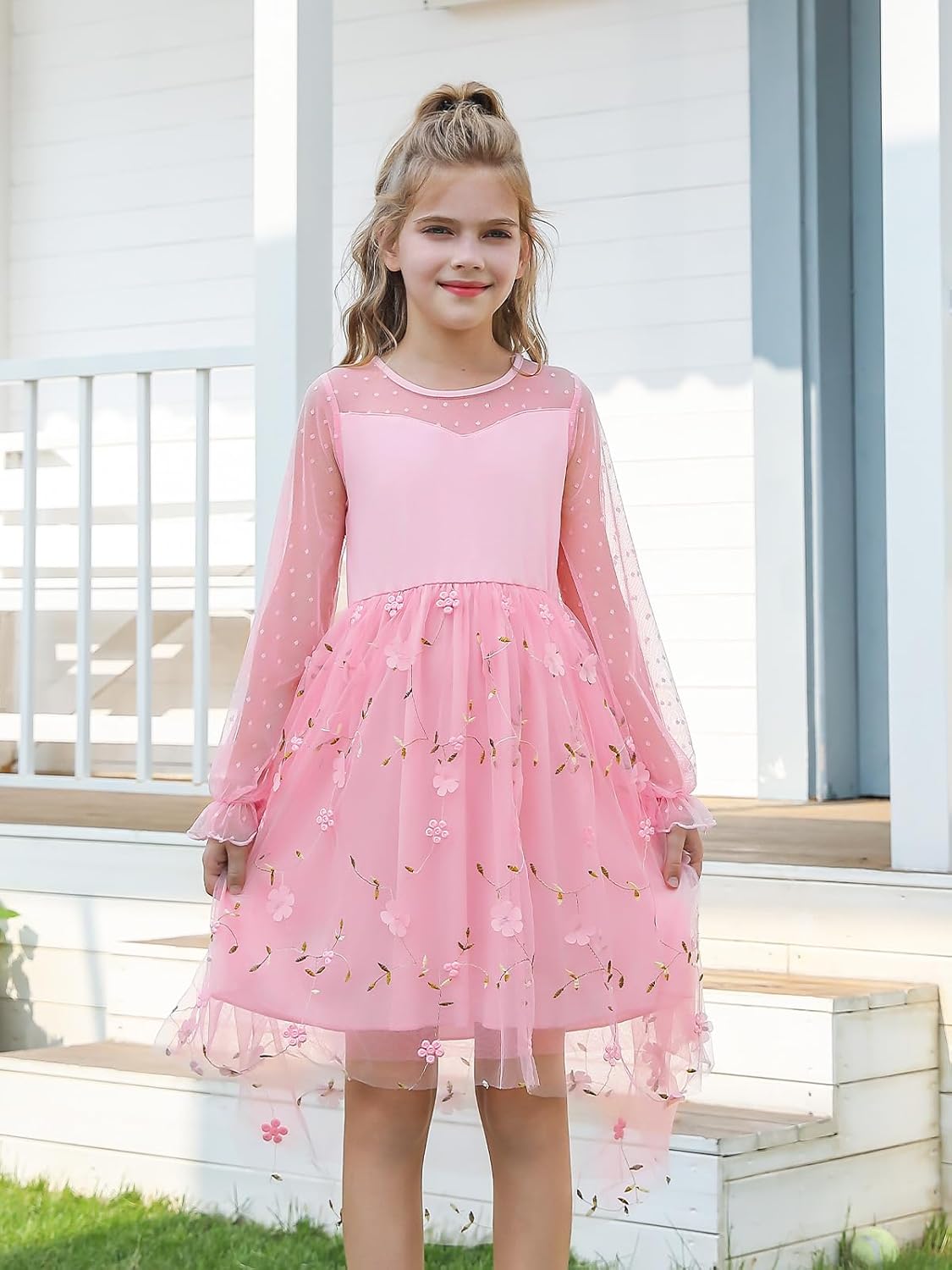 DAXIANG Puff Long Sleeve Contrast Mesh Flower Girl Dresses Formal Party Wedding High Low A Line Tulle Dress 5-14 Years Light Pink 10-12 Years image 2 of 6 B0FG7YZF9B