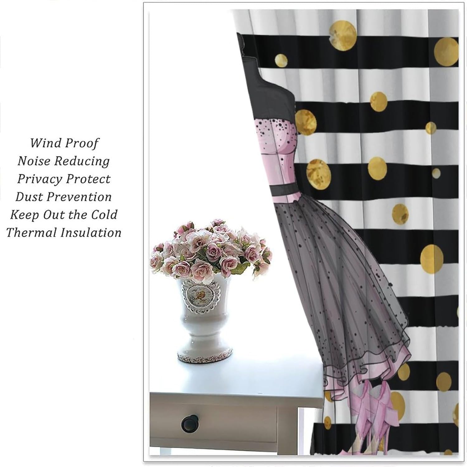 Girly Dresses Blackout Window Curtain Pink Floral Girls Women Fashion Makeup Black And White Stripe Perfume Bottles High Heels for Home Kitchen Restaurant Decoration Window Curtain 2Panel 42"W X 45"L