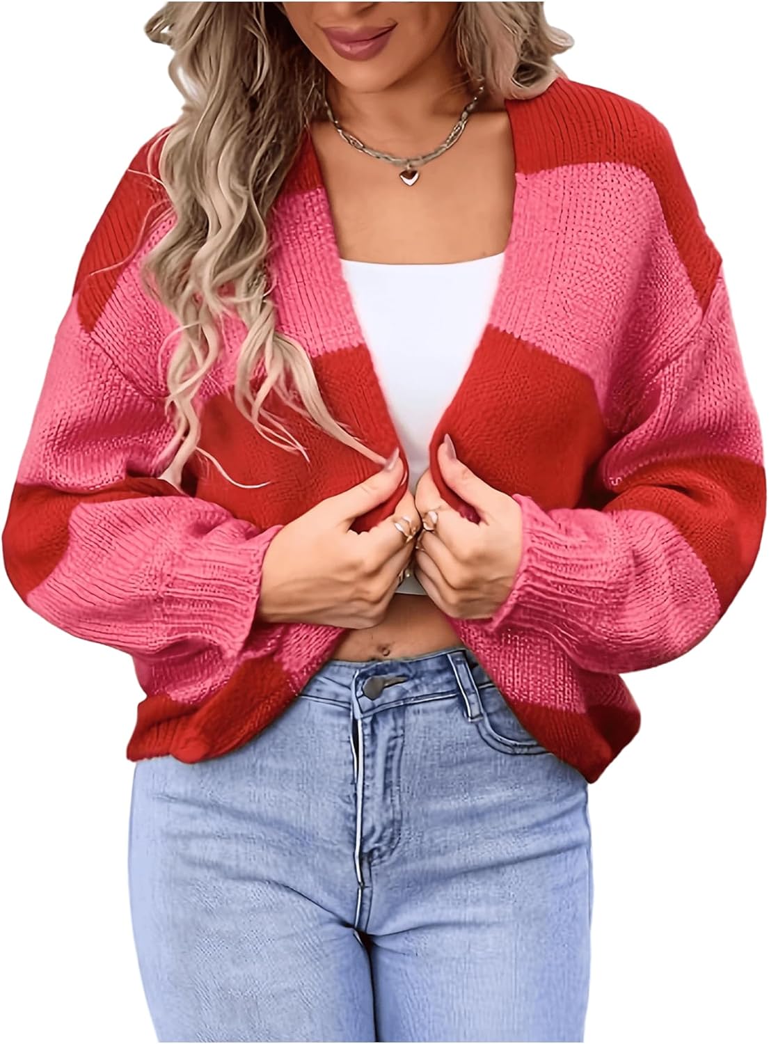 OYOANGLE Women's Color Block Long Sleeve Open Front Cardigan Sweater Soft Knit Fall Outerwear