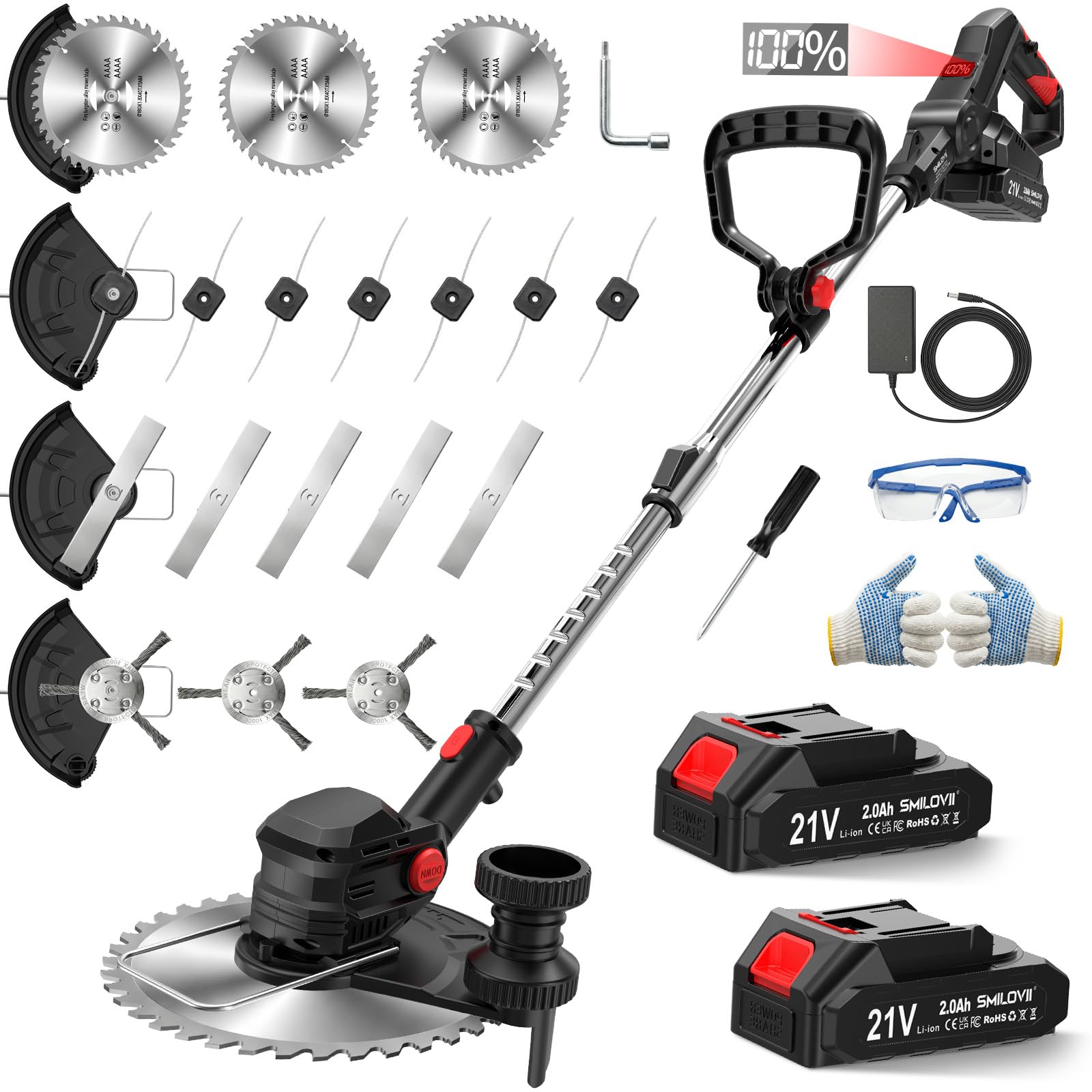 Cordless Strimmer with 2x2.0Ah Batteries, 750W Grass Trimmer and Cordless Brush Cutter with Wheels, 24000RPM Electric Weed Trimmer with Metal Blades, Lightweight Telescopic Strimmer