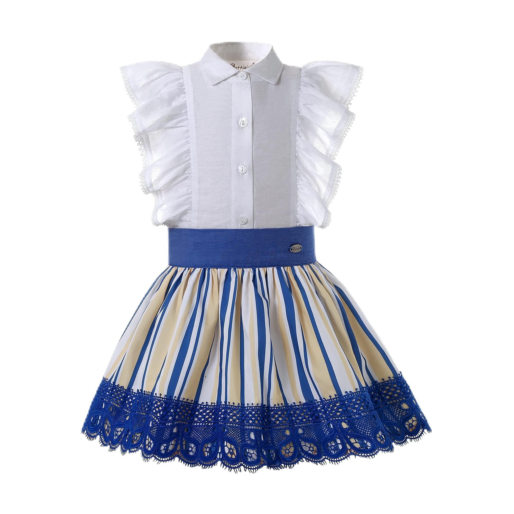 Ropa de Encaje para Niña con Rayas Azul Verano y Vestidos Vintage Casuales 4