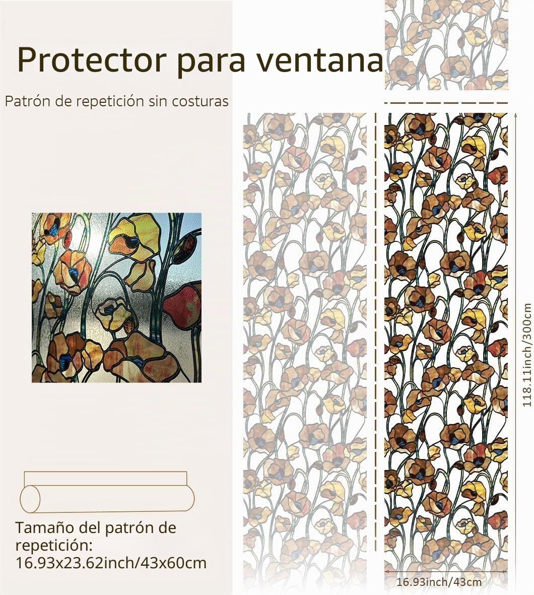 Película decorativa autoadhesiva para ventana, vidrieras, 43 x 300 cm, amapola marrón amarillenta, decoración de vidrio dibujado a mano para dormitorio, sala de estar, cocina y oficinas