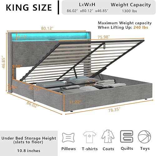 Miniatura 2 de Loomie Base de cama King con estación de carga y luces LED, cama tapizada con cabecera de almacenamiento copetuda con botones, almacenamiento Gris