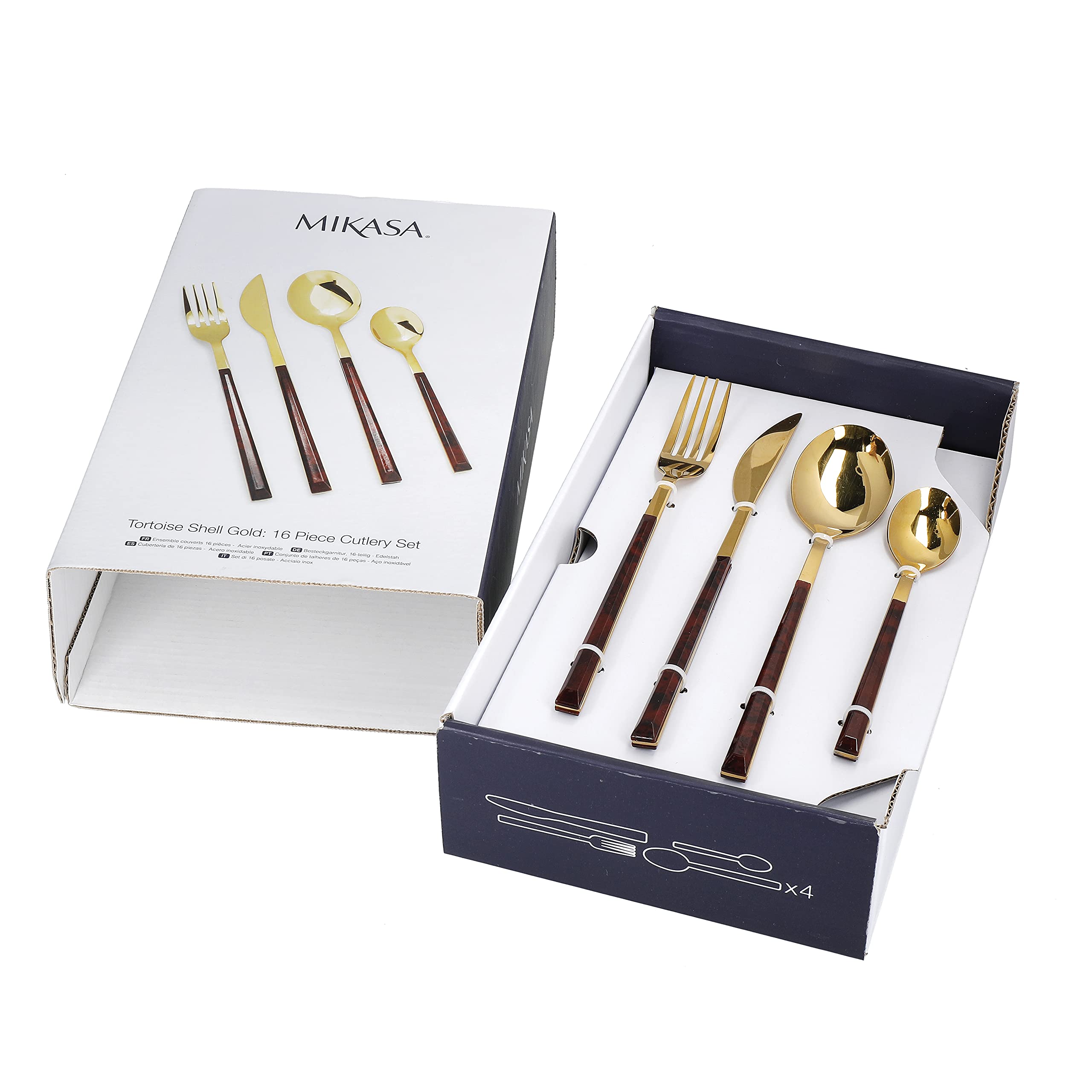 Mikasa Juego de Cubertería, Color Dorado y Falso Caparazón de Tortuga, Tenedores, Cuchillos y Cucharas, Juego de 16 Piezas