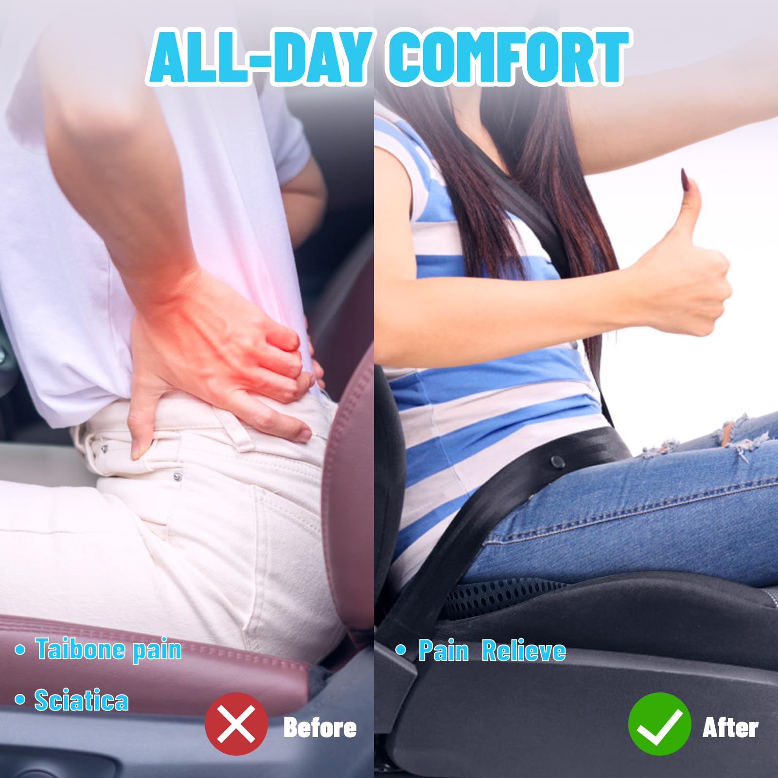 Coussin de Siège en Mousse à Mémoire, Pain Relief, Coussin Voiture, Coussin Rehausseur Voiture, pour Chaise de Bureau, Coussin Voiture