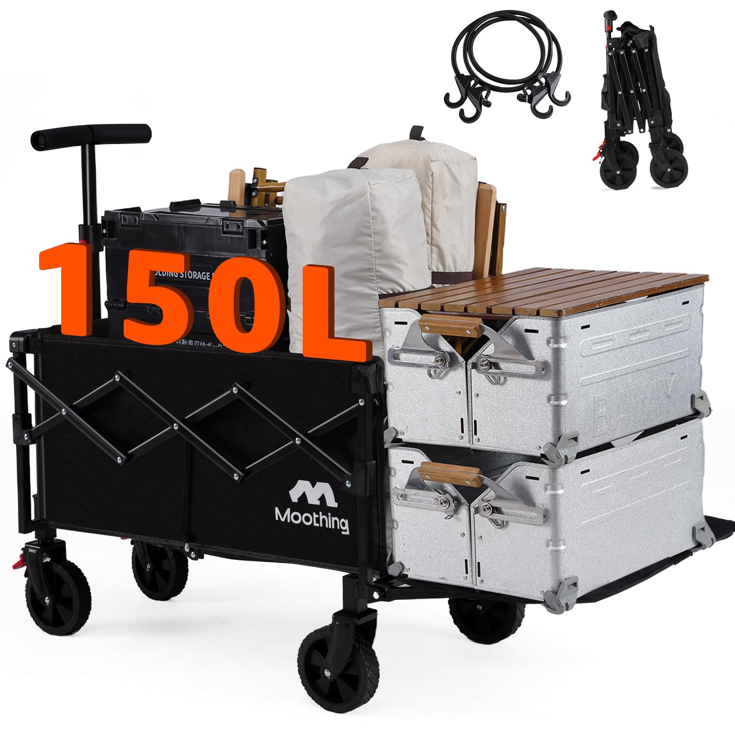 Collapsible Wagon, Foldable Wagon with Tailgate Extended, 360lbs Heavy Duty, Portable Lightweight Utility Wagon for Grocery, Camping, Garden, Sports, Black T