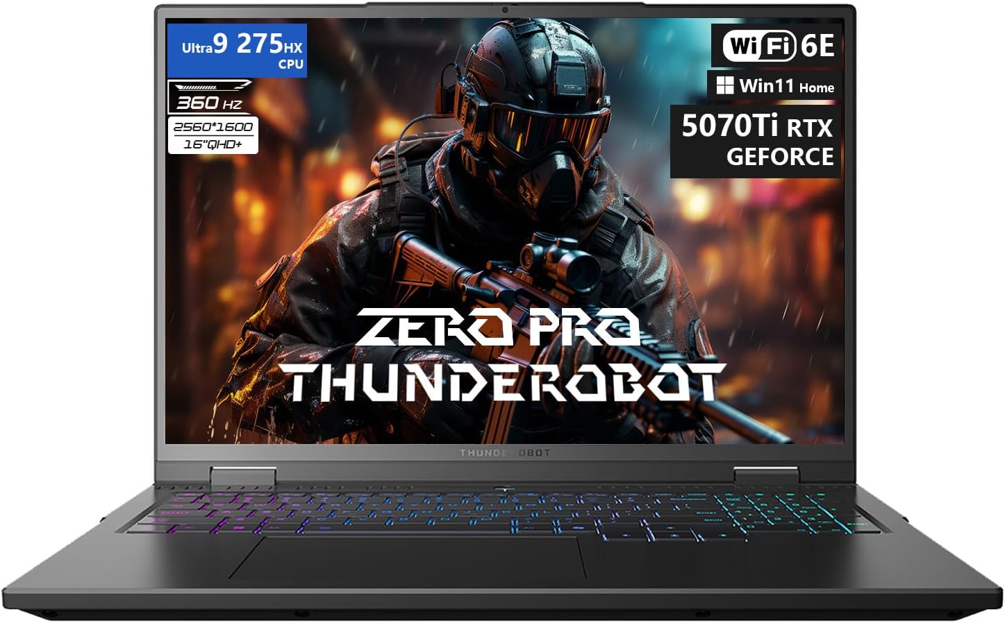 Thunderobot Zero 16 Pro Gaming Laptop, GeForce RTX 5070 Ti, Core Ultra 9 275HX, 16″ QHD+ 360Hz Display, 64GB DDR5, 2TB SSD, Per-Key RGB, FHD IR Camera, Wi-Fi 6E, Win 11 Home