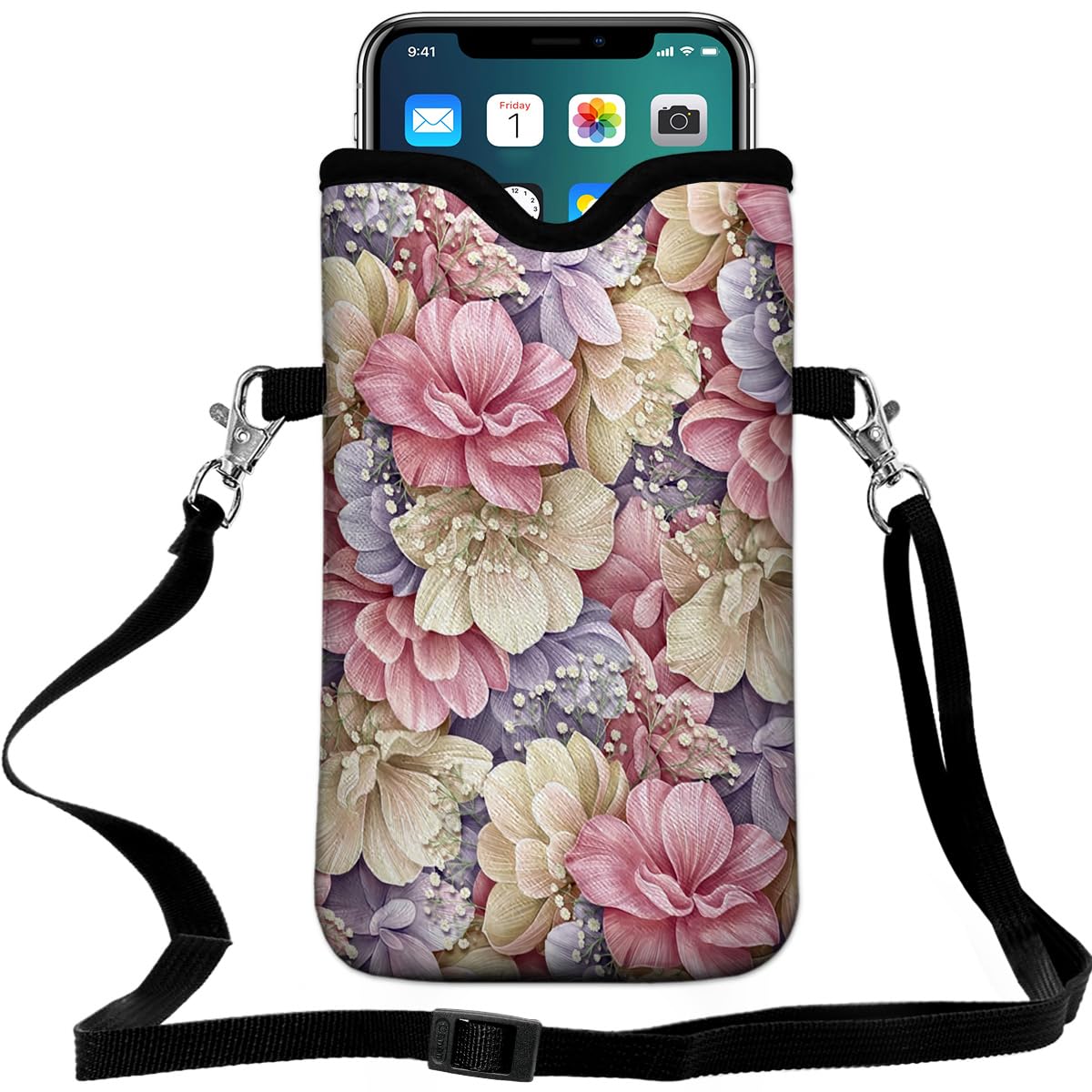 Universal Neoprene Cell Phone Pouch 7.1 X 4 in Mobile Protection Case Bag with Crossbody Strap/Neck Lanyard Luxury Flowers Leaf Printed Pattern