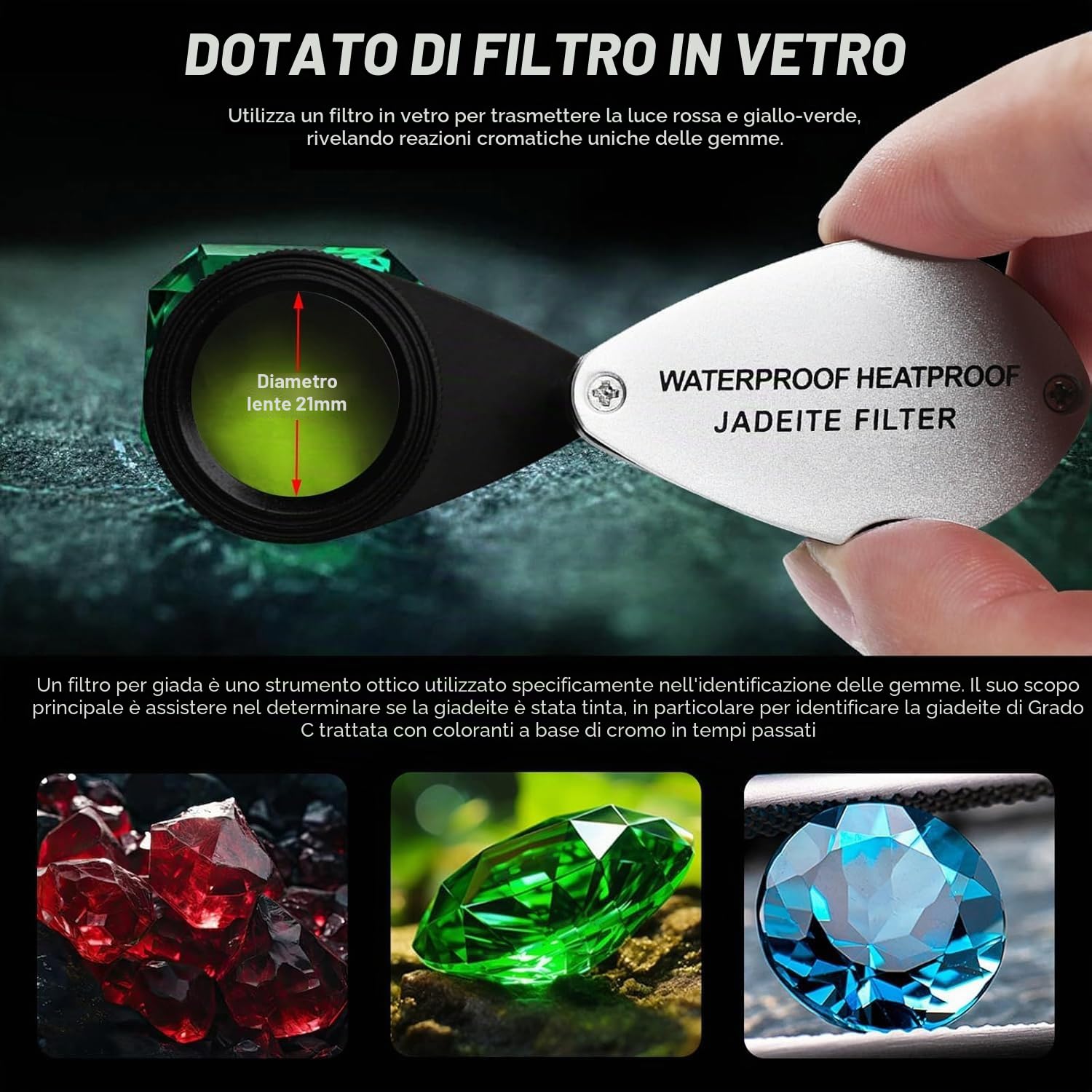 Lente d'ingrandimento 15x con filtro in giadeite, lente da 21 mm, telaio in alluminio, design a doppio vetro, per gioielli, strumento per collezionisti di giada