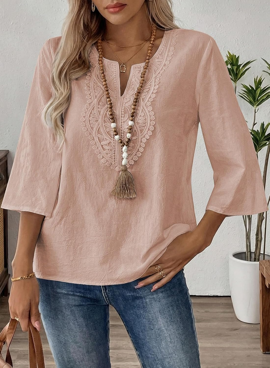 EVALESS Boho Tops for Women Blouses Dressy Casual V Neck 3/4 Sleeve Shirts Spring Outfits Trendy Vacation Clothes - Image 3