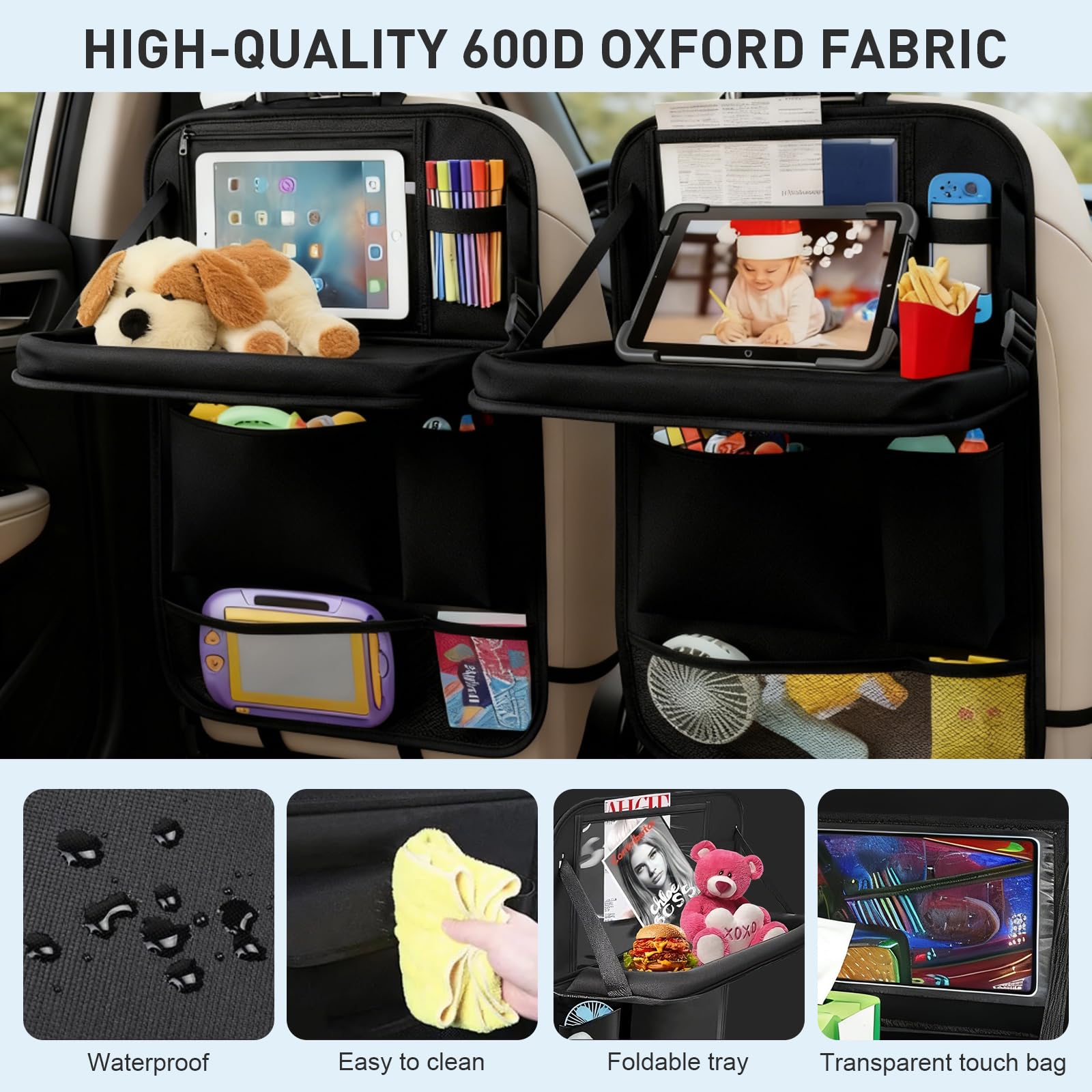 2 Piezas Organizador Coche Niños, Organizador Asiento Coche con Mesa Plegable y Funda para Tablet Oxford Protector Asiento Coche Impermeable para Viajes Familiares y Almacenamiento Juguetes