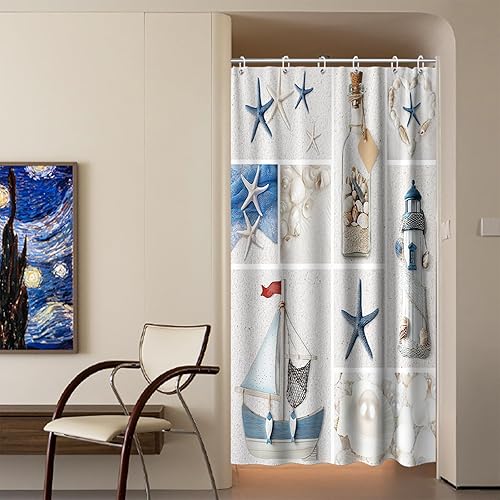 Vista 273 de Cortina de ducha de tortugas marinas, temática náutica de playa, verde y verde azulado, sin ganchos, punto gofre y forro desmontable, decoración