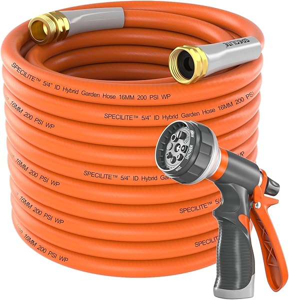 SPECILITE Garden Hose 50 ft x 5/8 in Heavy Duty, Flexible and Lightweight Water Hose, Burst 600 psi, Kink-less Hybrid Rubber Hose for Backyard, 3/4'' Brass Fittings