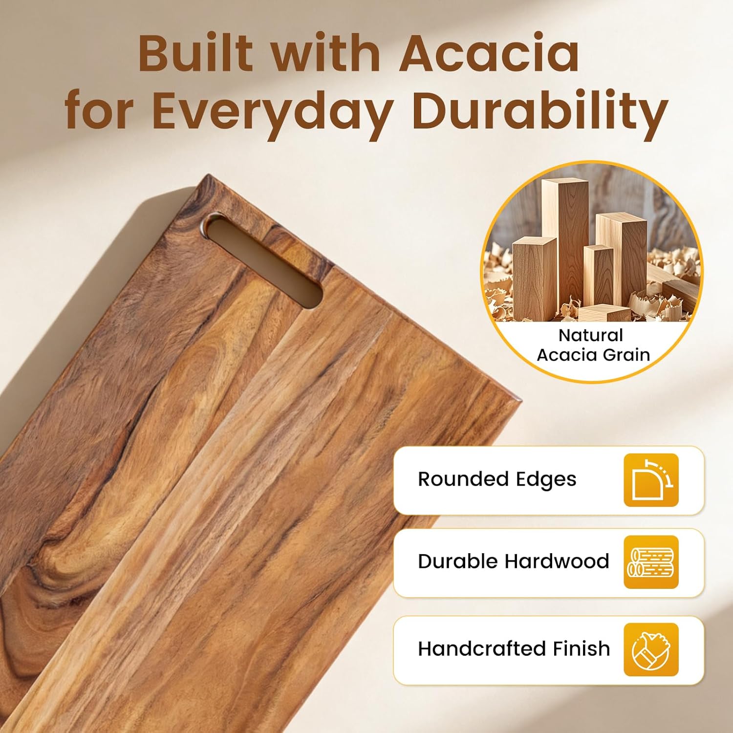 Acacia Wood Cutting Board Set of 3 with Stand – Kitchen & Charcuterie Serving Boards, Multi-Size Wooden Chopping Boards for Meat, Veggies & Fruit, Easy Clean & Space-Saving Display