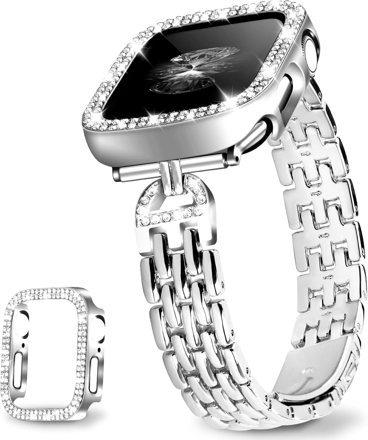 JR.DM Slim Bracelet with Bling Case Compatible with Apple Watch Bands Cover for Women, Dressy D-Shaped Stainless Steel Replacement Strap for iWatch Series 10/9/8/7/6/5/4/3/2/1/SE/Ultra