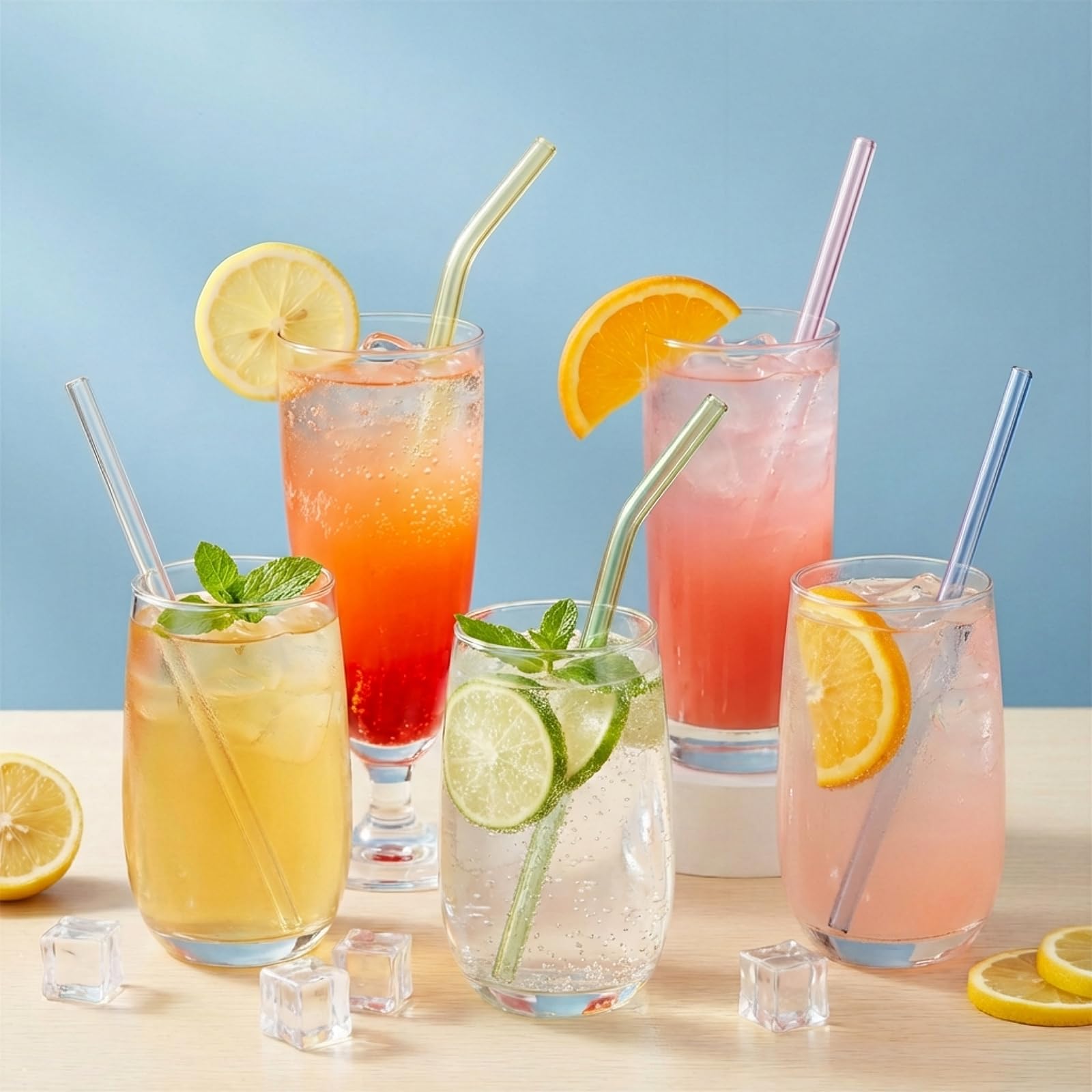 Reusable Glass Straws Shatter Resistant 8” x 8mm, 10 Pcs Colorful Glass Drinking Straws with 2Pcs Cleaning Brush, Including 5 Straight and 5 Bent Reusable Straws for Beverage, Milk, Juice, Coffee: 30 Colorful