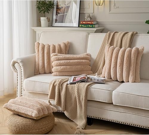 Miniatura 15 de Juego de 2 fundas de almohada de felpa de piel sintética de 18 x 18 pulgadas, fundas de almohada decorativas de lujo, a rayas, suaves y acogedoras