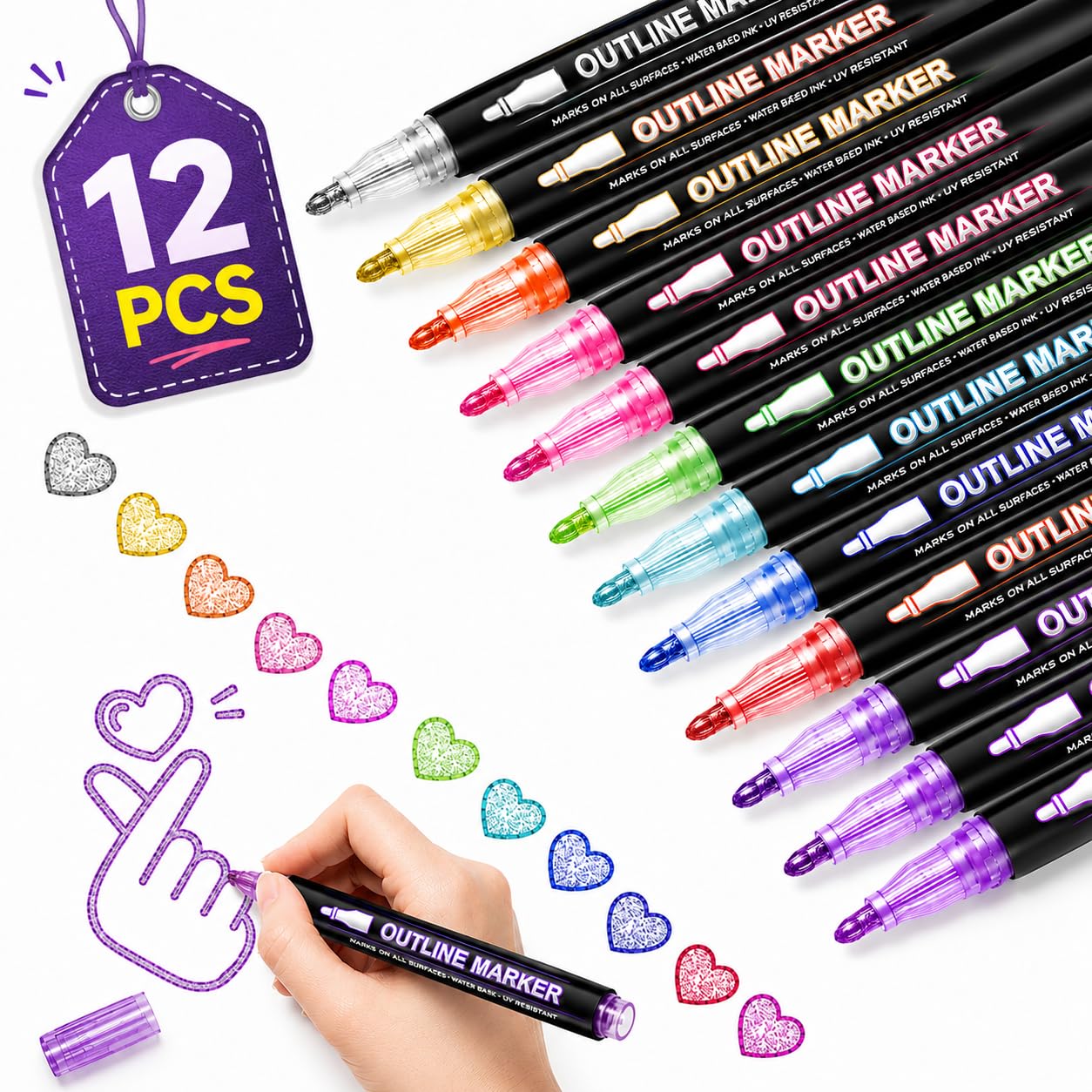 PUJI Outline Marker Pens Set of 12 – Metallic Self-Outline Double Line Glitter Pens for DIY Crafts, Card Making, Scrapbooking, Rock Painting & Journaling-image-14