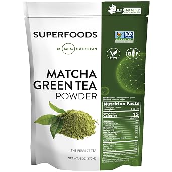 مسحوق شاي الماتشا الأخضر من MRM Nutrition Superfoods - مزروع في اليابان، مسحوق طعام خارق لاتيه الماتشا والعصائر والمخبوزات - نباتي وخالي من الغلوتين وغير معدل وراثيًا - 42 حصة