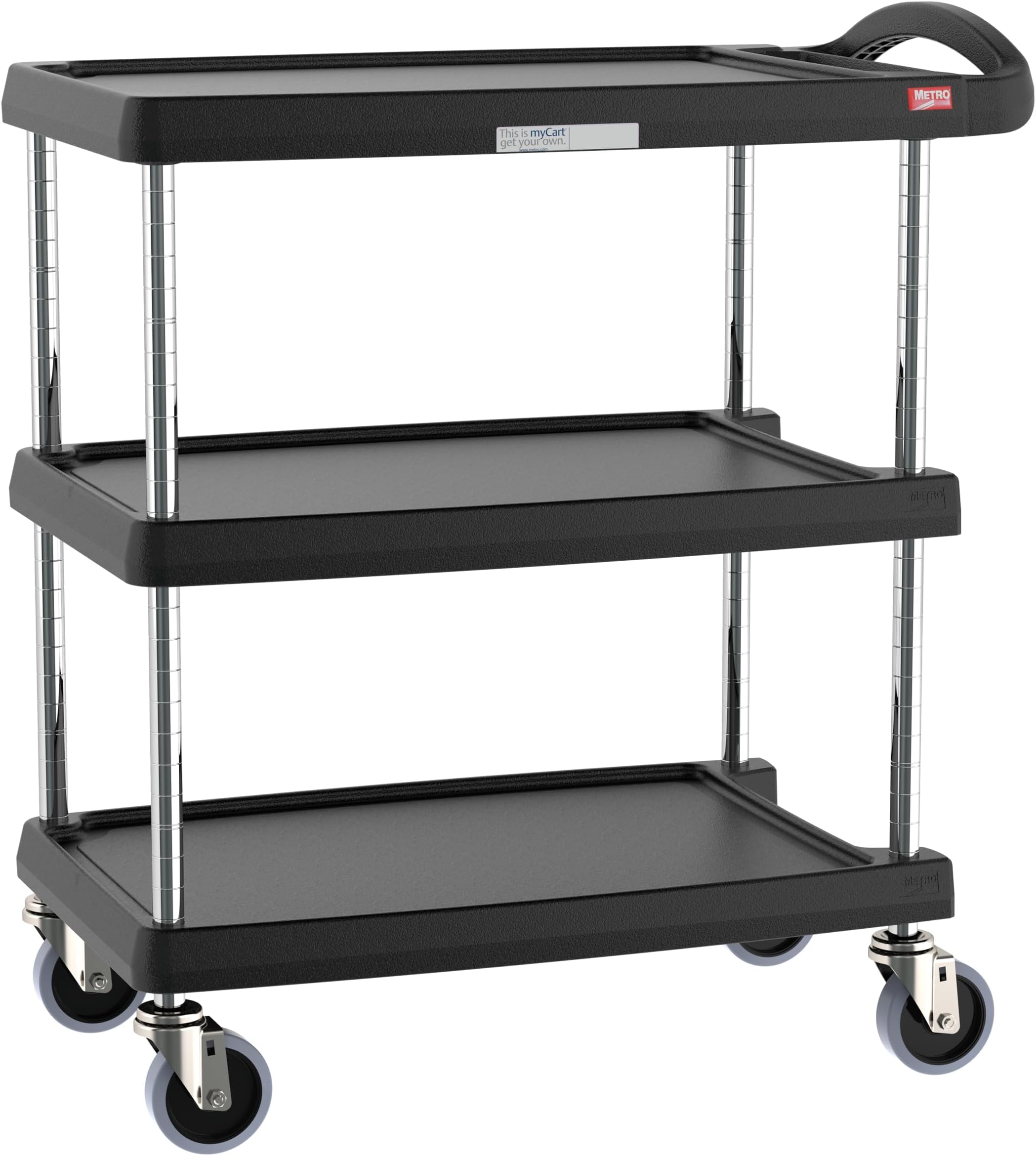 Metro MY1627-34BL myCart Series Premium Plastic Utility Cart with 3 Impact Resistant Polymer Shelves, Black, 18.3" W x 31.5" L x 35.5" H