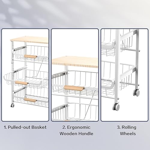 Miniatura 7 de JAQ Pull-out Fruit Basket, 4-tier Slide Out Metal Storage Baskets Carts Organizers Drawers with Wood Top and Handle with Rolling Wheels for Snacks