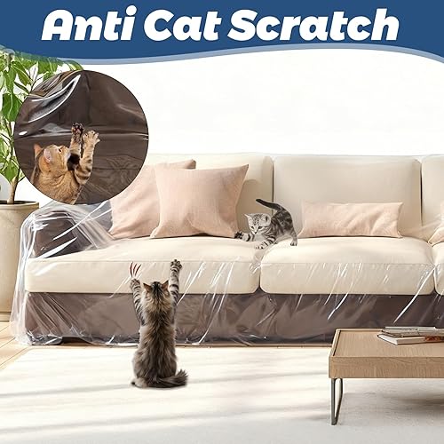 Miniatura 4 de Fundas de sofá de plástico para mascotas, protector de sofá transparente más grueso para moverse, resistente al agua, protección de plástico contra